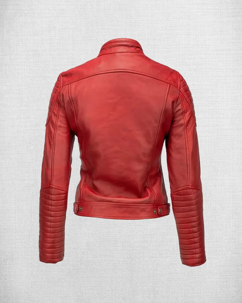 Fashionable Red Leather Biker Jacket with White and Blue Stripes