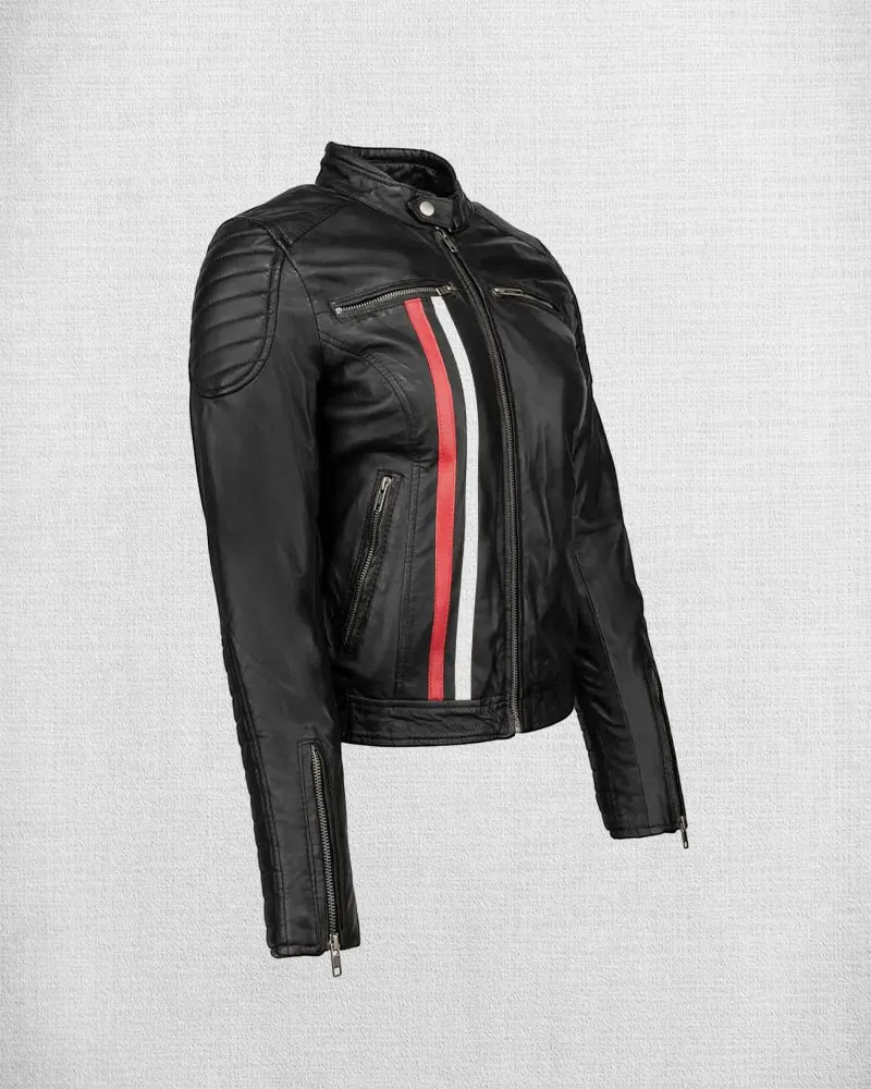 Fashionable Red Leather Biker Jacket with White and Blue Stripes