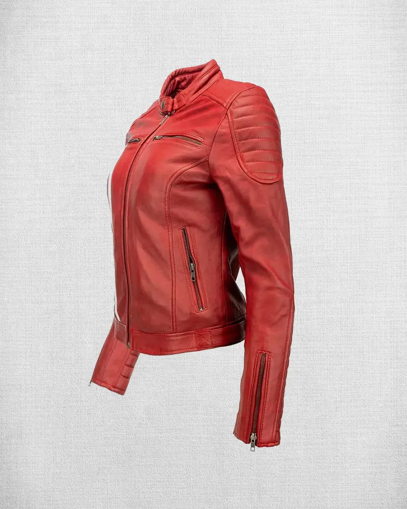 Fashionable Red Leather Biker Jacket with White and Blue Stripes