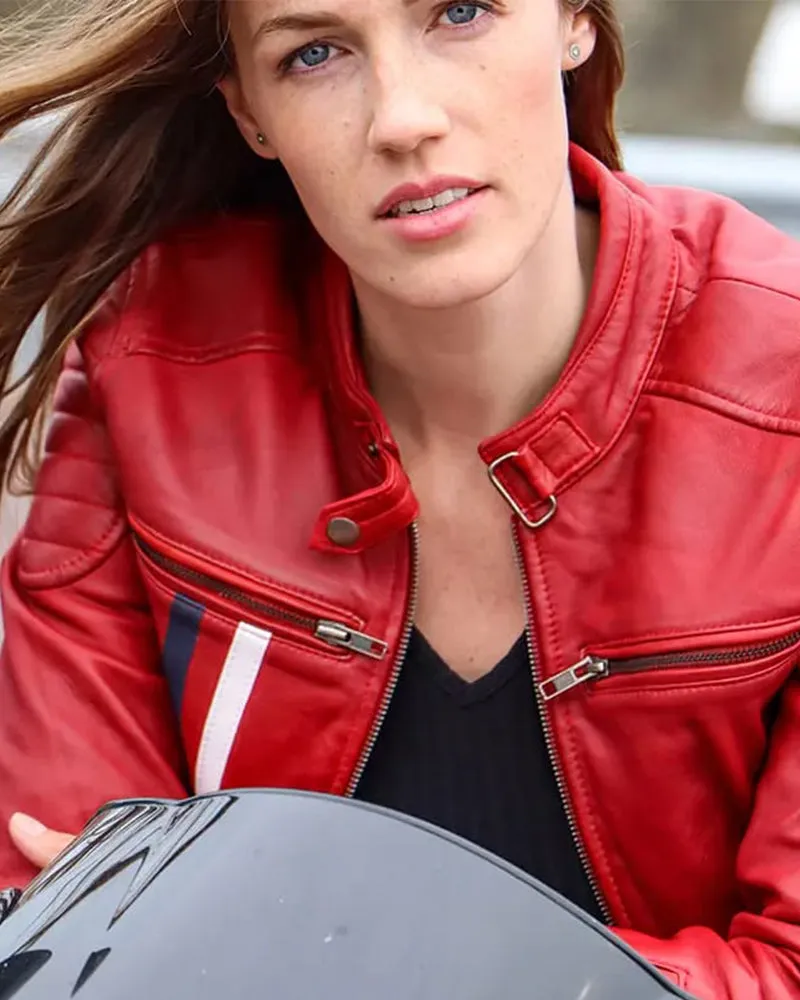 Fashionable Red Leather Biker Jacket with White and Blue Stripes