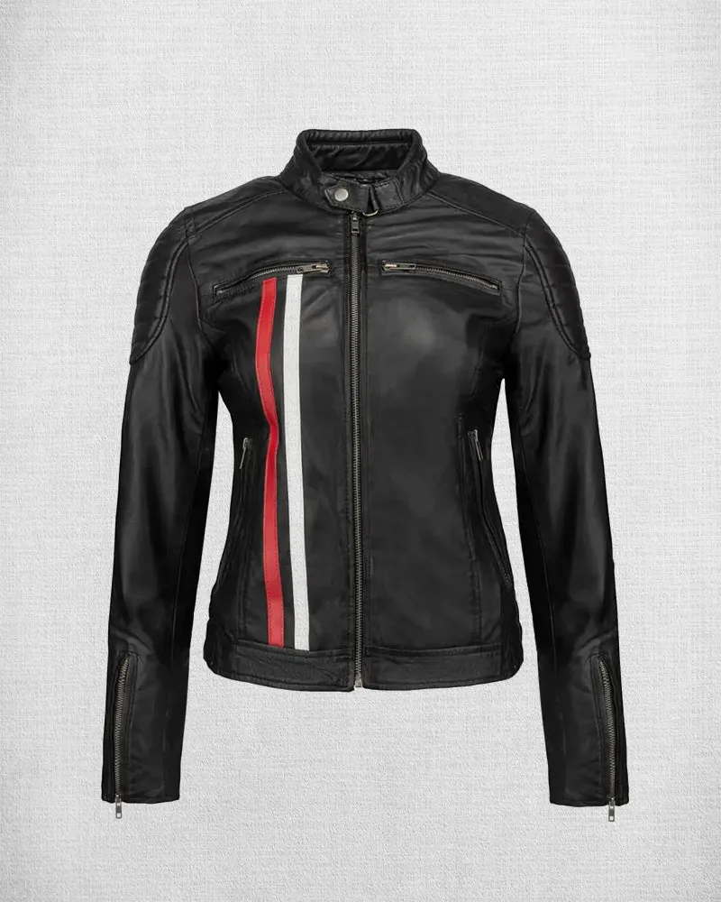 Fashionable Red Leather Biker Jacket with White and Blue Stripes