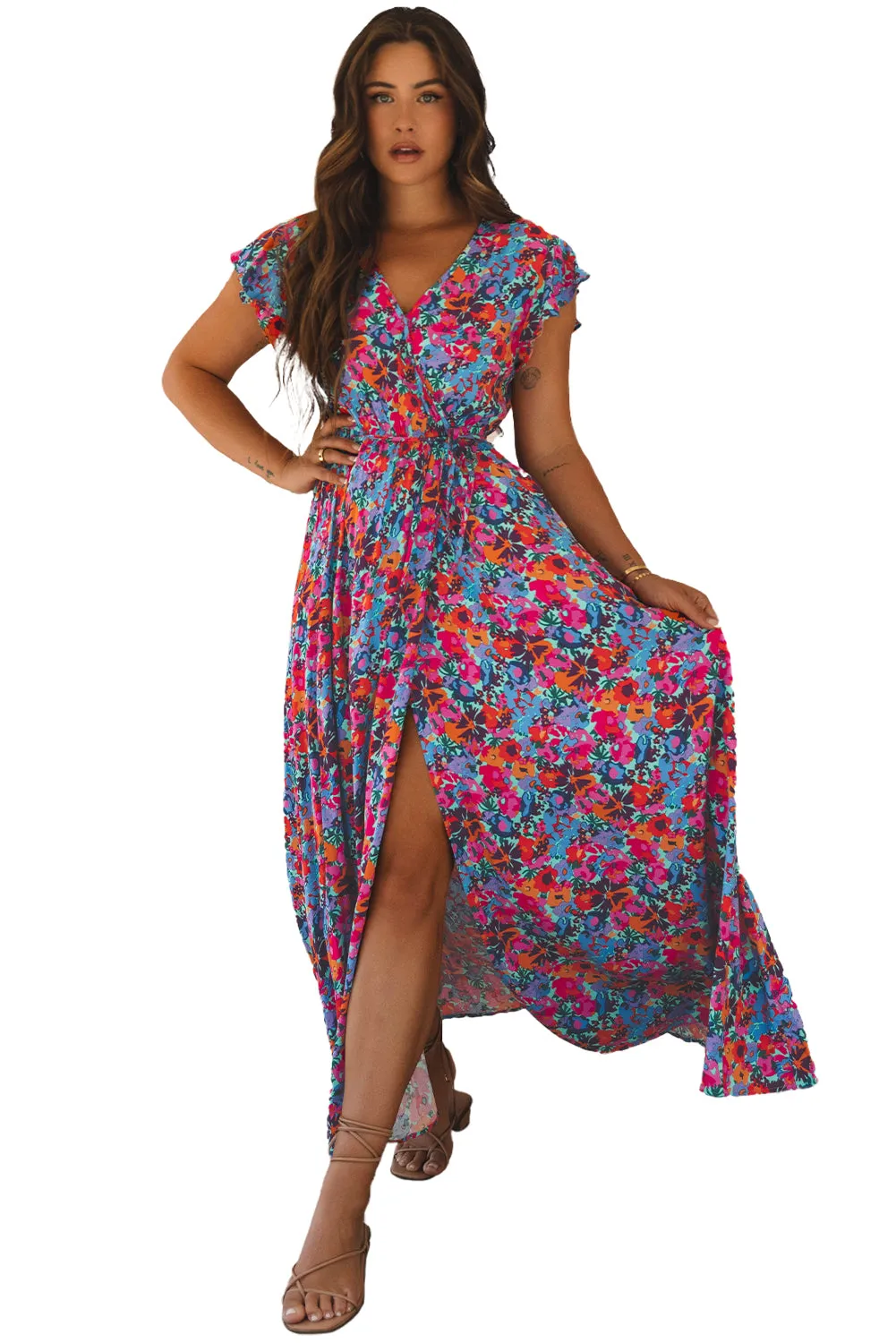 Floral Print V Neck Wrap Split Maxi Dress