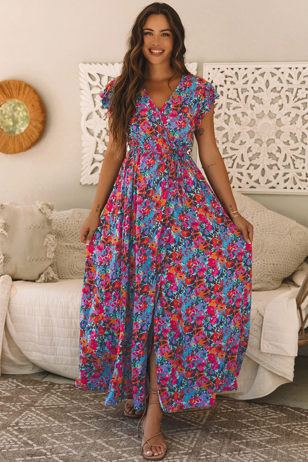 Floral Print V Neck Wrap Split Maxi Dress