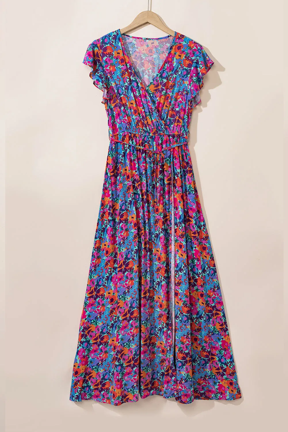 Floral Print V Neck Wrap Split Maxi Dress