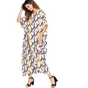 Geometric Print V-neck Short Sleeve Loose Maxi