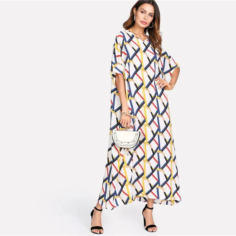 Geometric Print V-neck Short Sleeve Loose Maxi