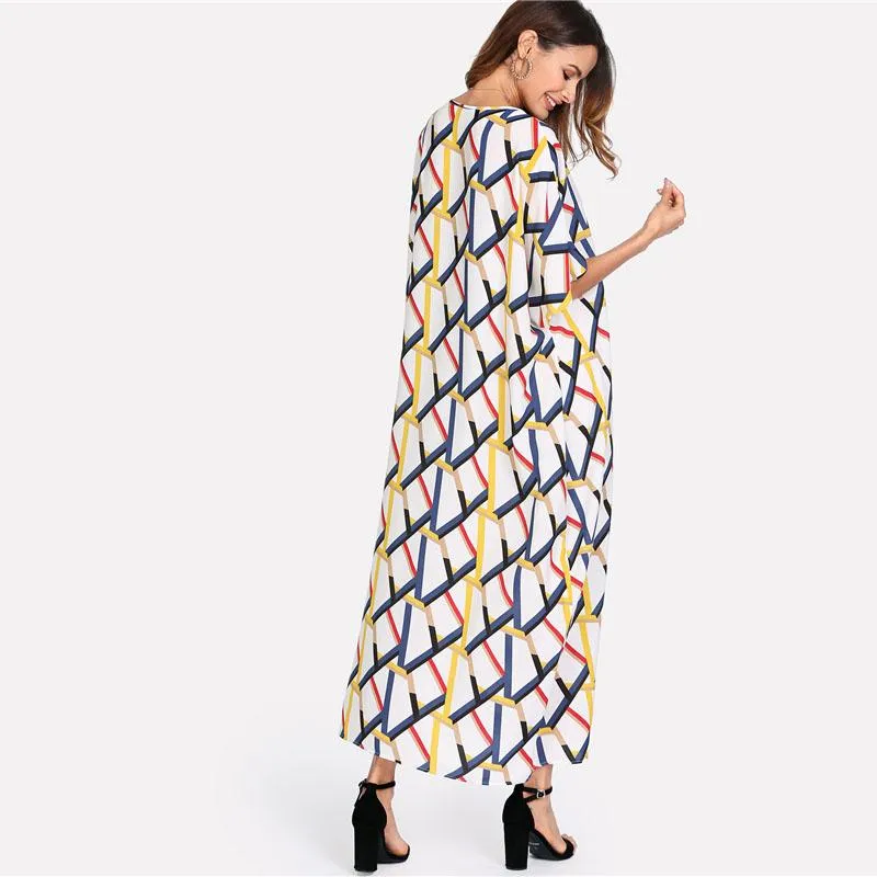 Geometric Print V-neck Short Sleeve Loose Maxi