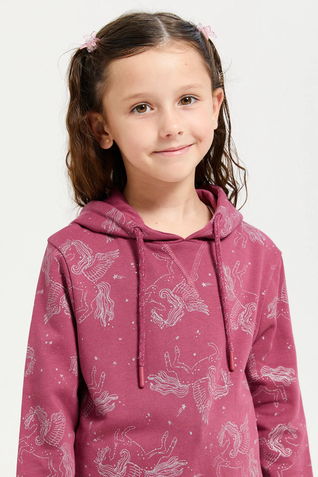 Girls Burgundy Printed Sweatshirt