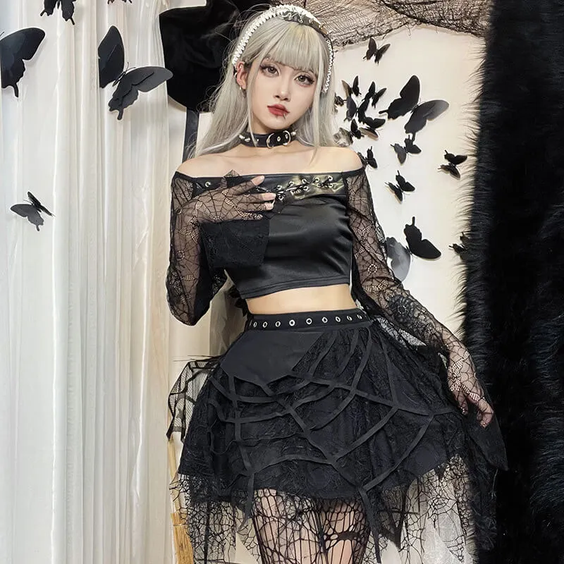 Goth punk spider web tassels skirt