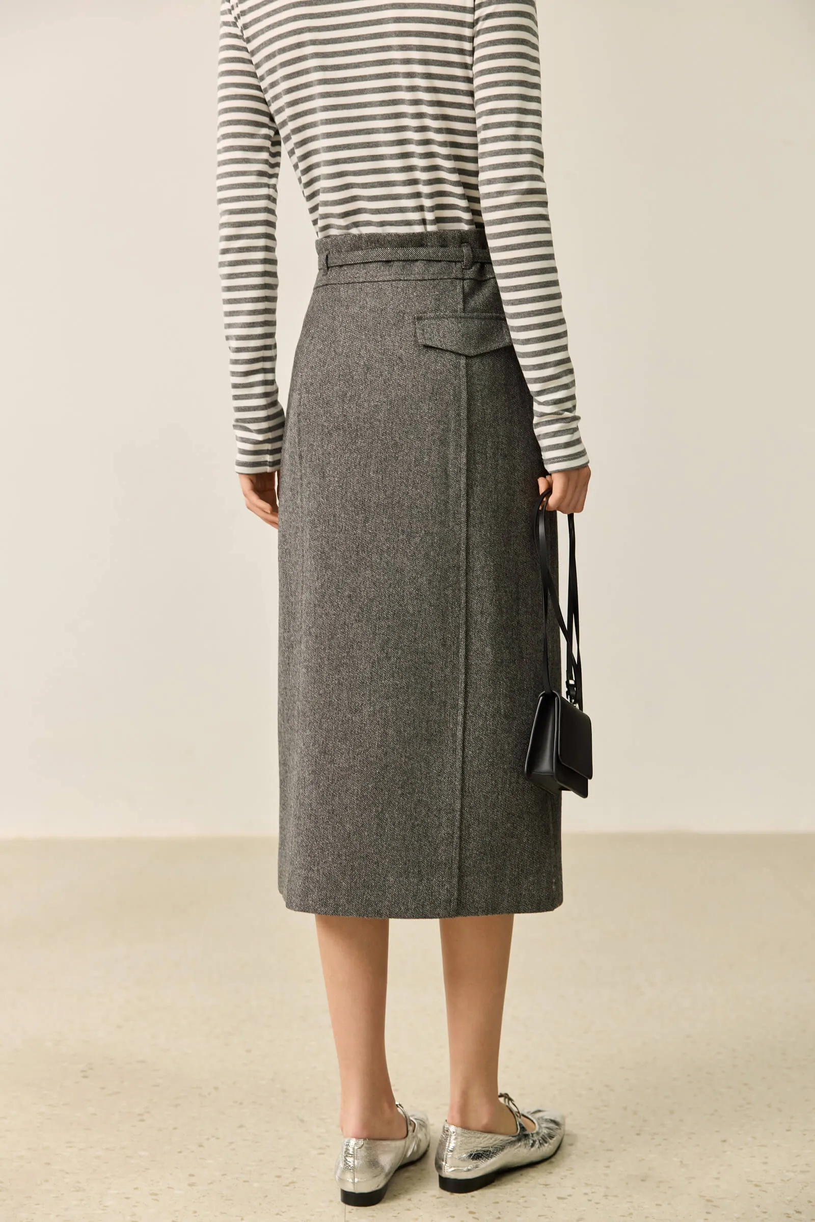 LILY Grey-Tone Wool High-Waisted Pencil Skirt