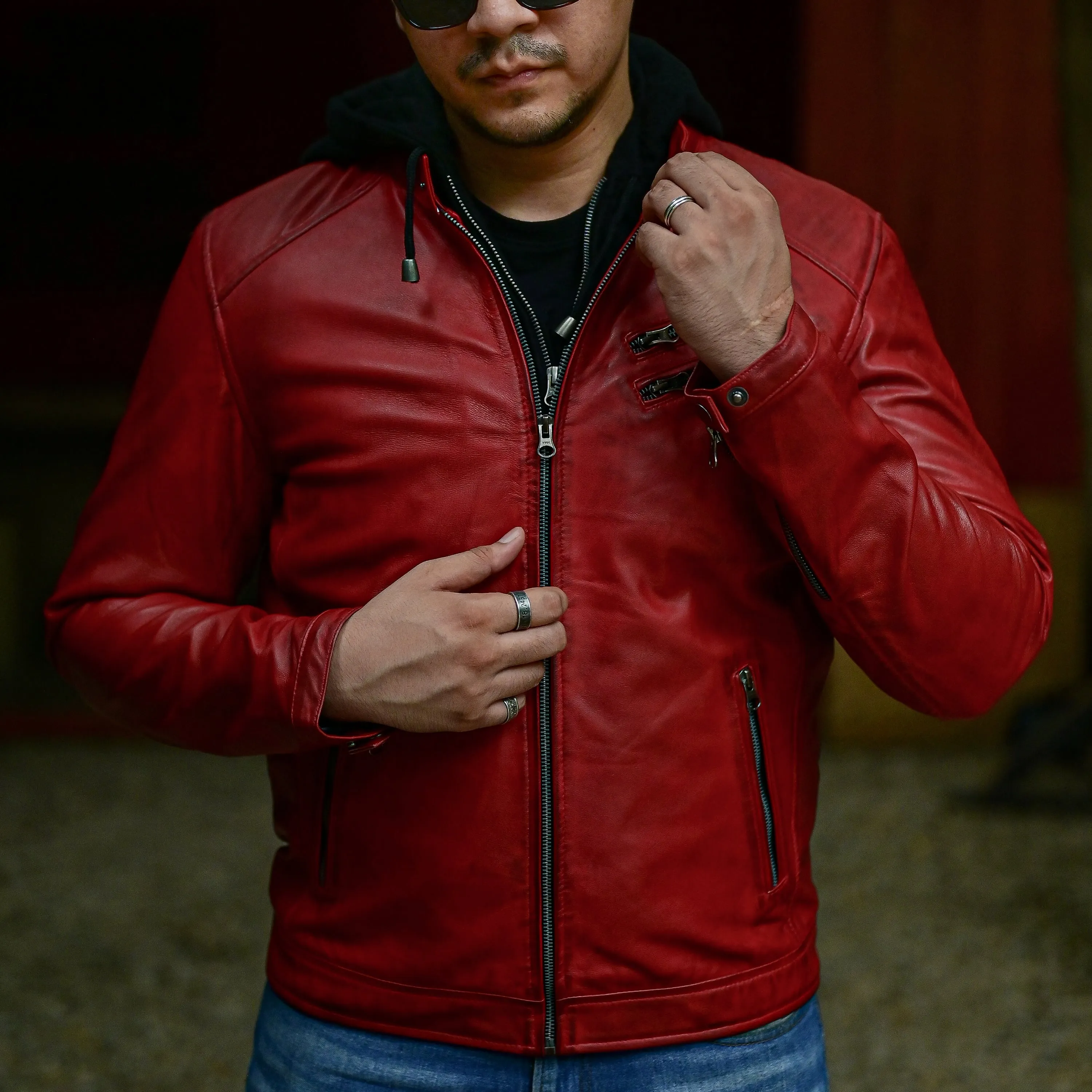 Mens Casual Hooded Vintage Leather Jacket  with Removable Hood