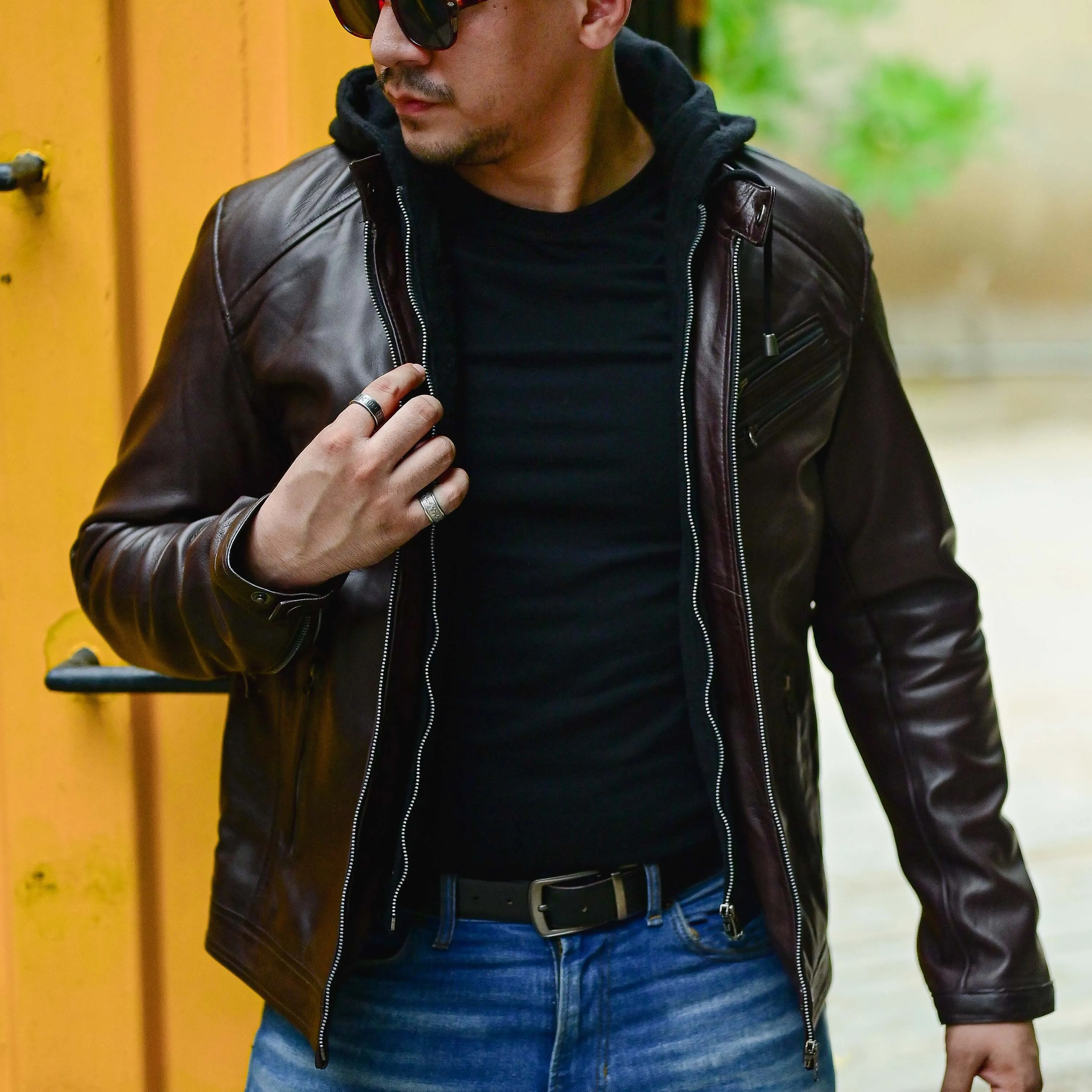 Mens Casual Hooded Vintage Leather Jacket  with Removable Hood