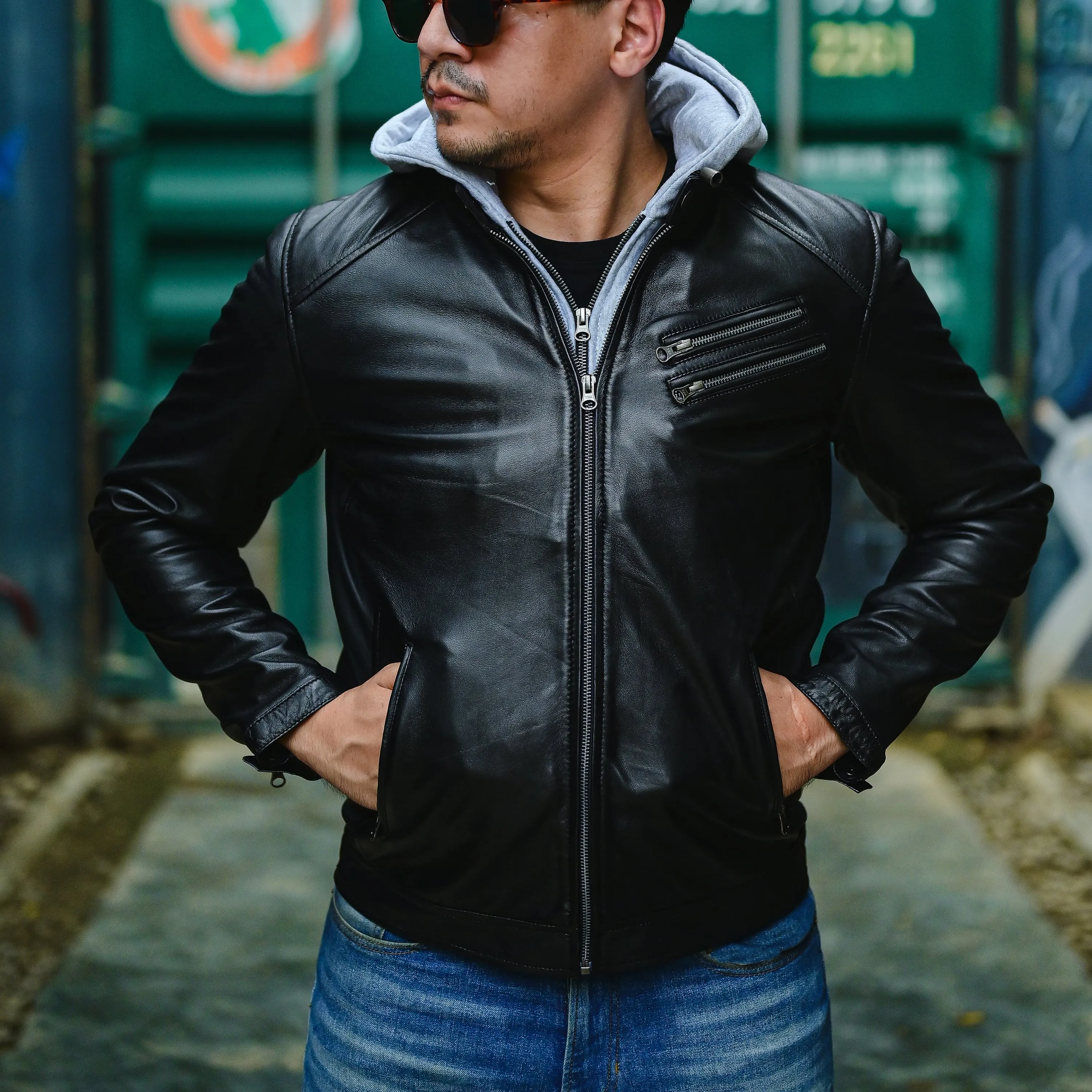 Mens Casual Hooded Vintage Leather Jacket  with Removable Hood