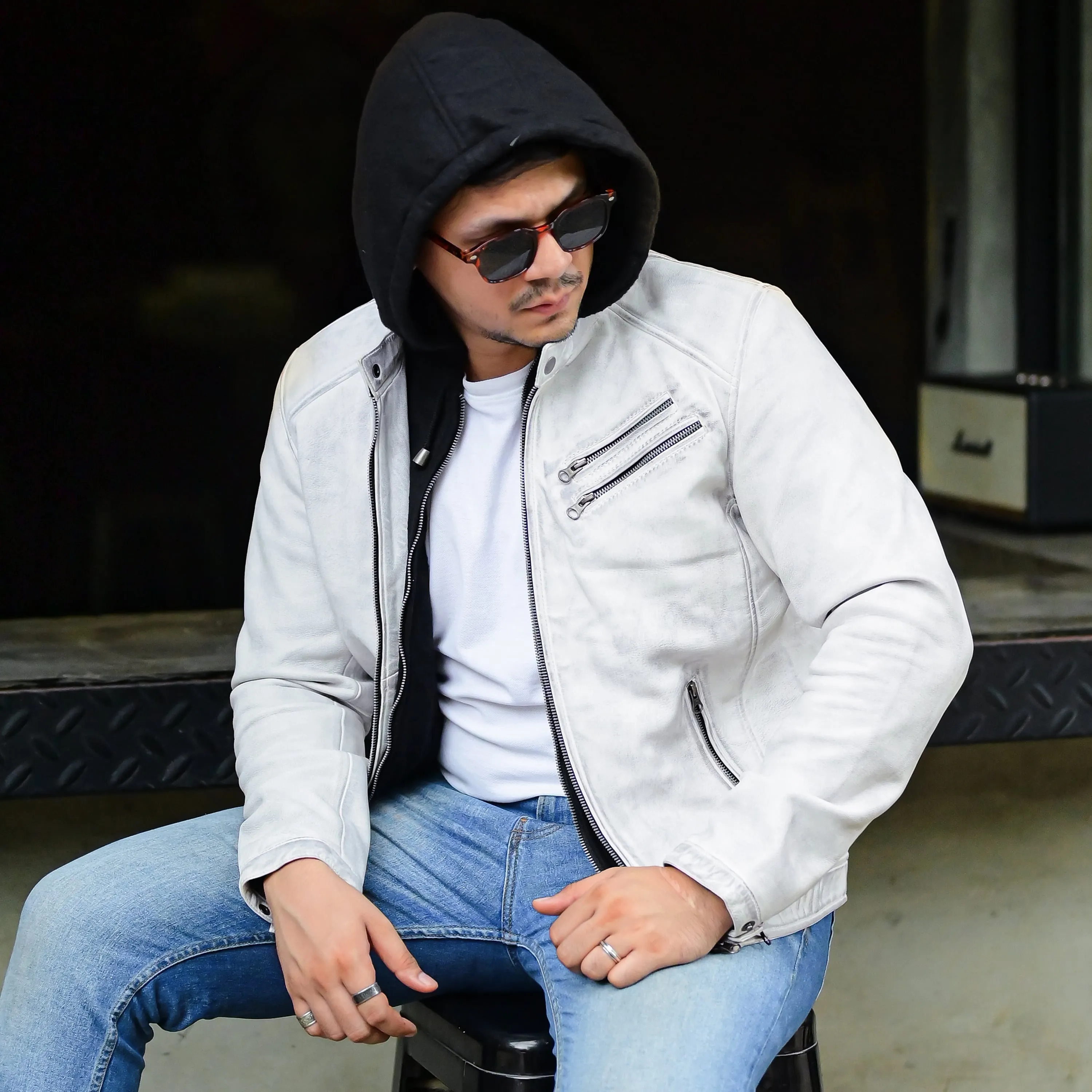 Mens Casual Hooded Vintage Leather Jacket  with Removable Hood