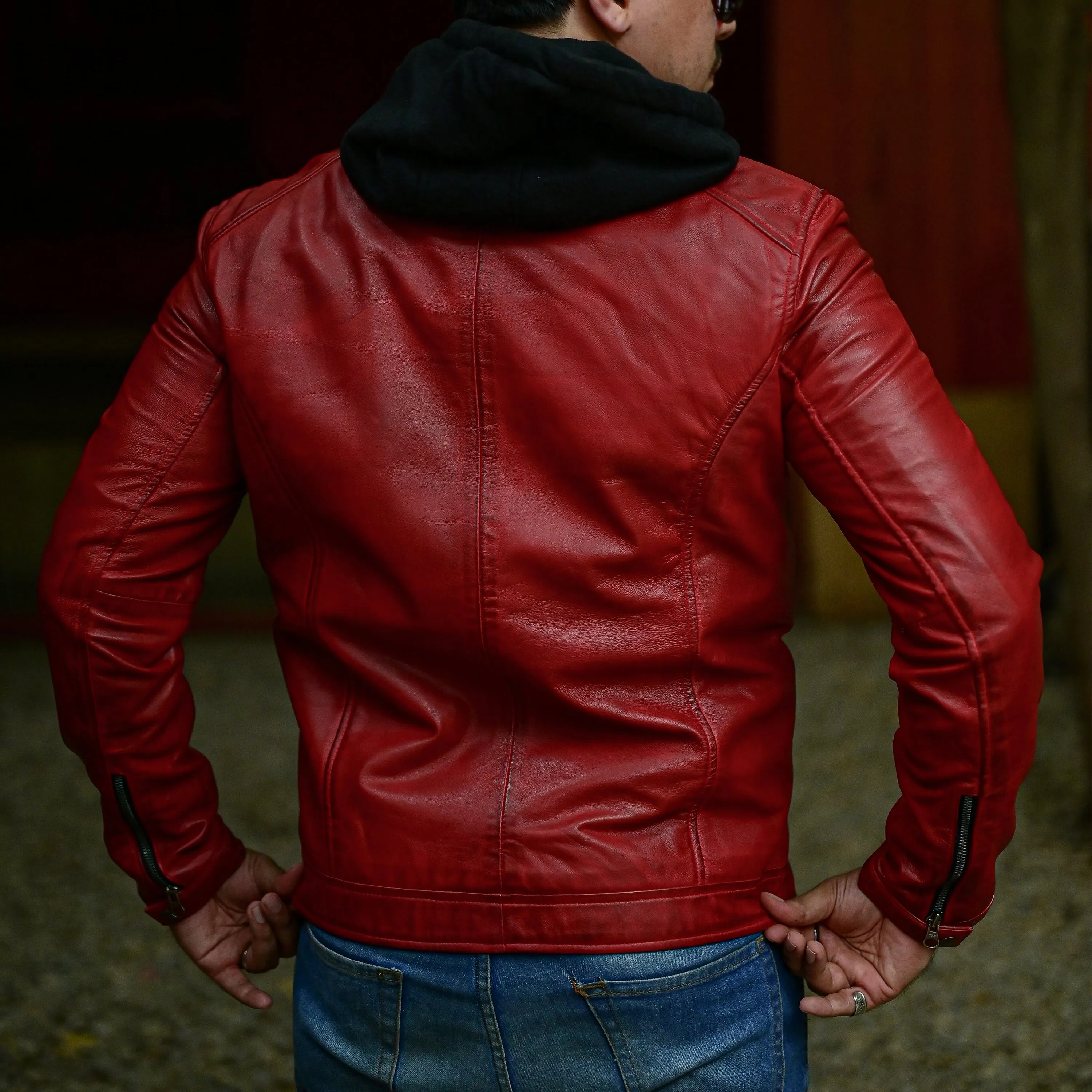 Mens Casual Hooded Vintage Leather Jacket  with Removable Hood