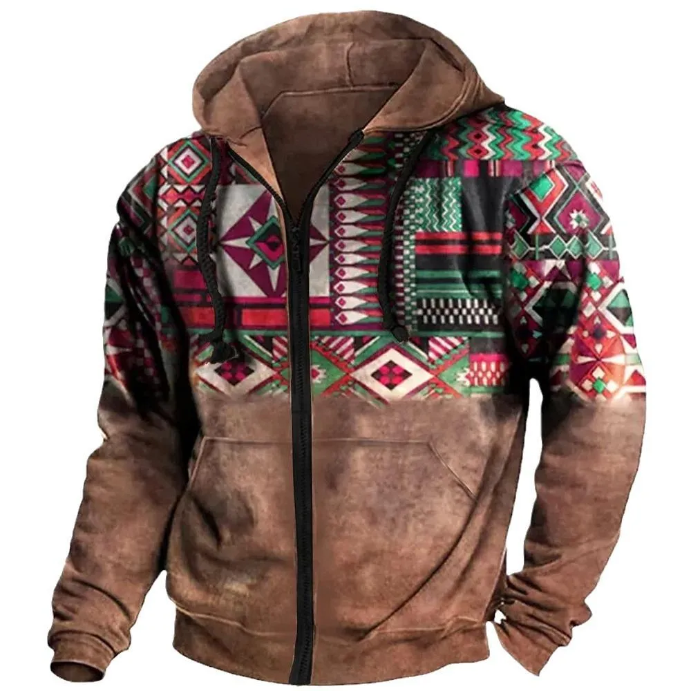 Men's Retro Casual Ethnic Style Geometric Print Zipper Hoodie 60305028TO