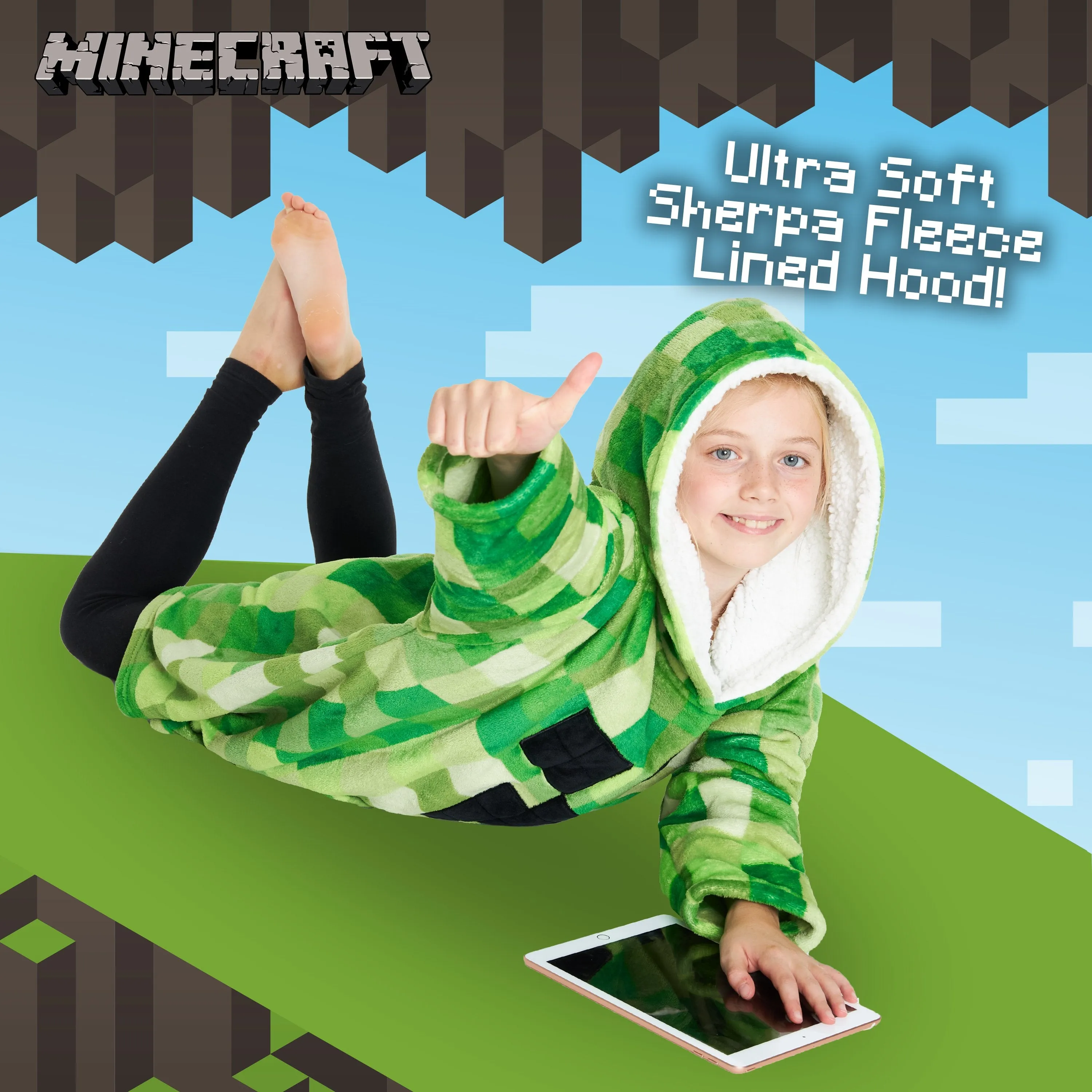 Minecraft Green Hoodie for Kids, Oversized Blanket Hoodie Boys, Minecraft Gifts