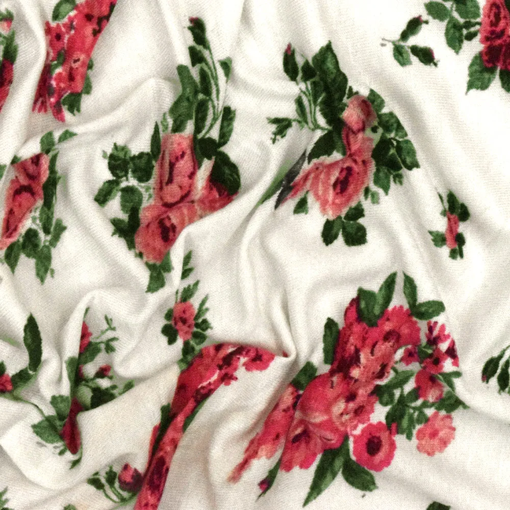 Pink-Green-Ivory Floral Printed Slub Rayon Stretch Jersey Knit Fabric