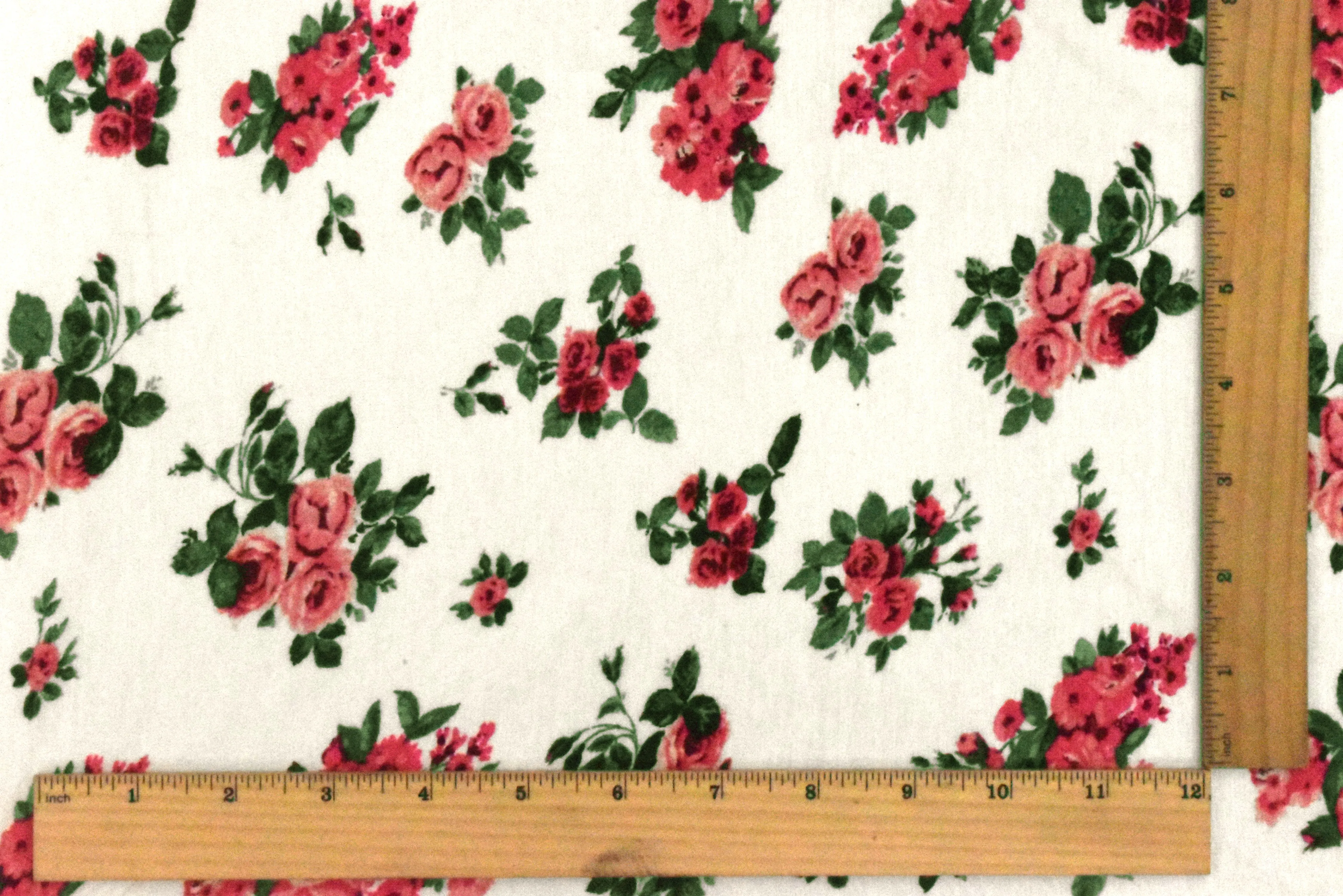 Pink-Green-Ivory Floral Printed Slub Rayon Stretch Jersey Knit Fabric