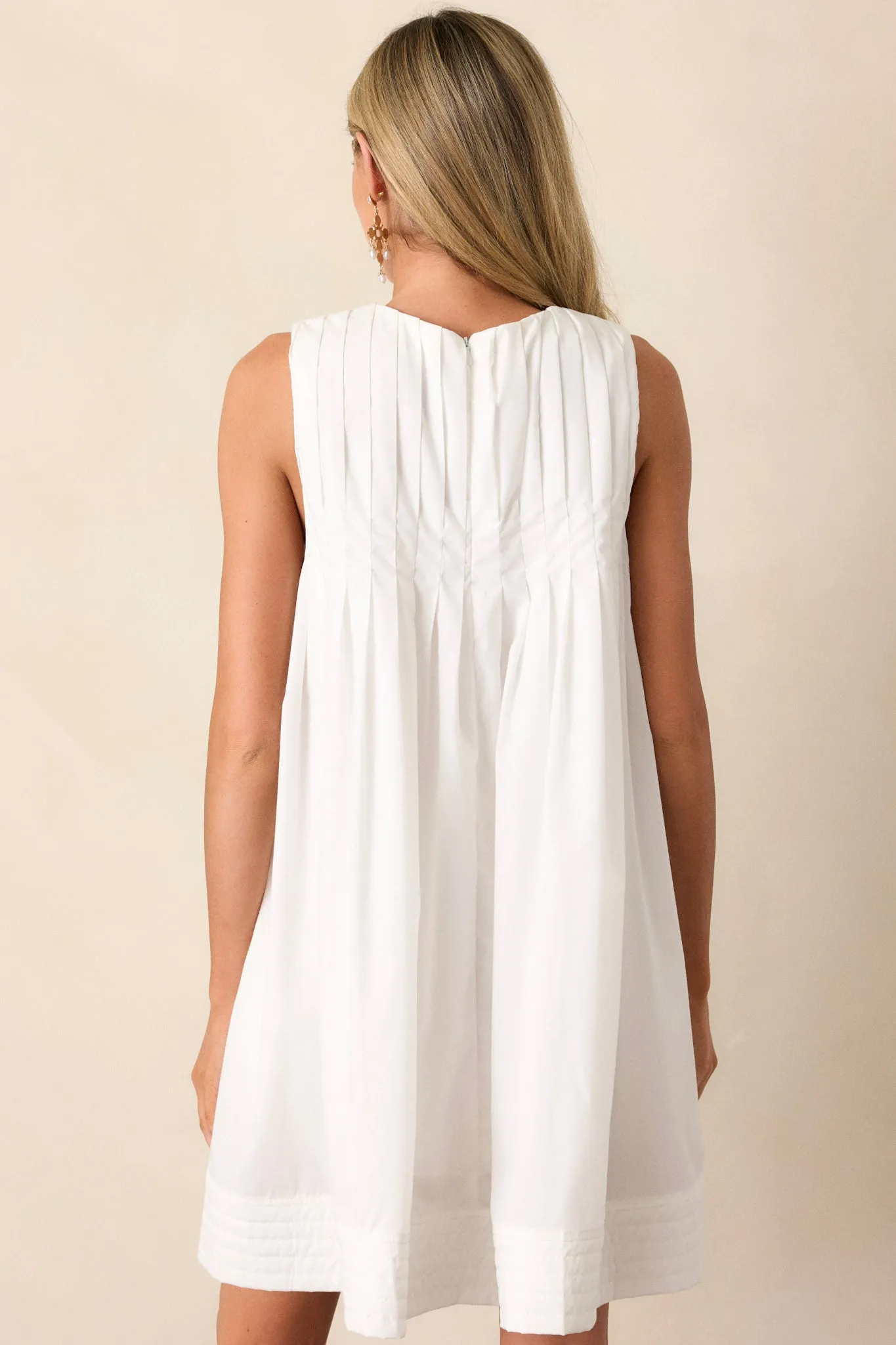 Pleated Petal White Mini Shift Dress