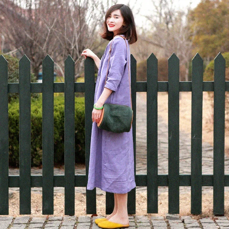 Purple Pleated Women Dresses Shift Linen Dresses MDYP9756