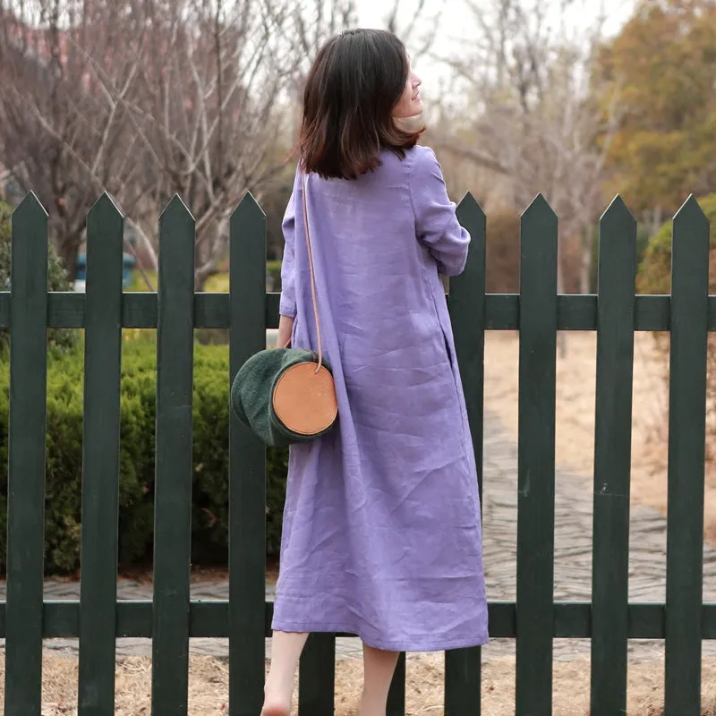 Purple Pleated Women Dresses Shift Linen Dresses MDYP9756