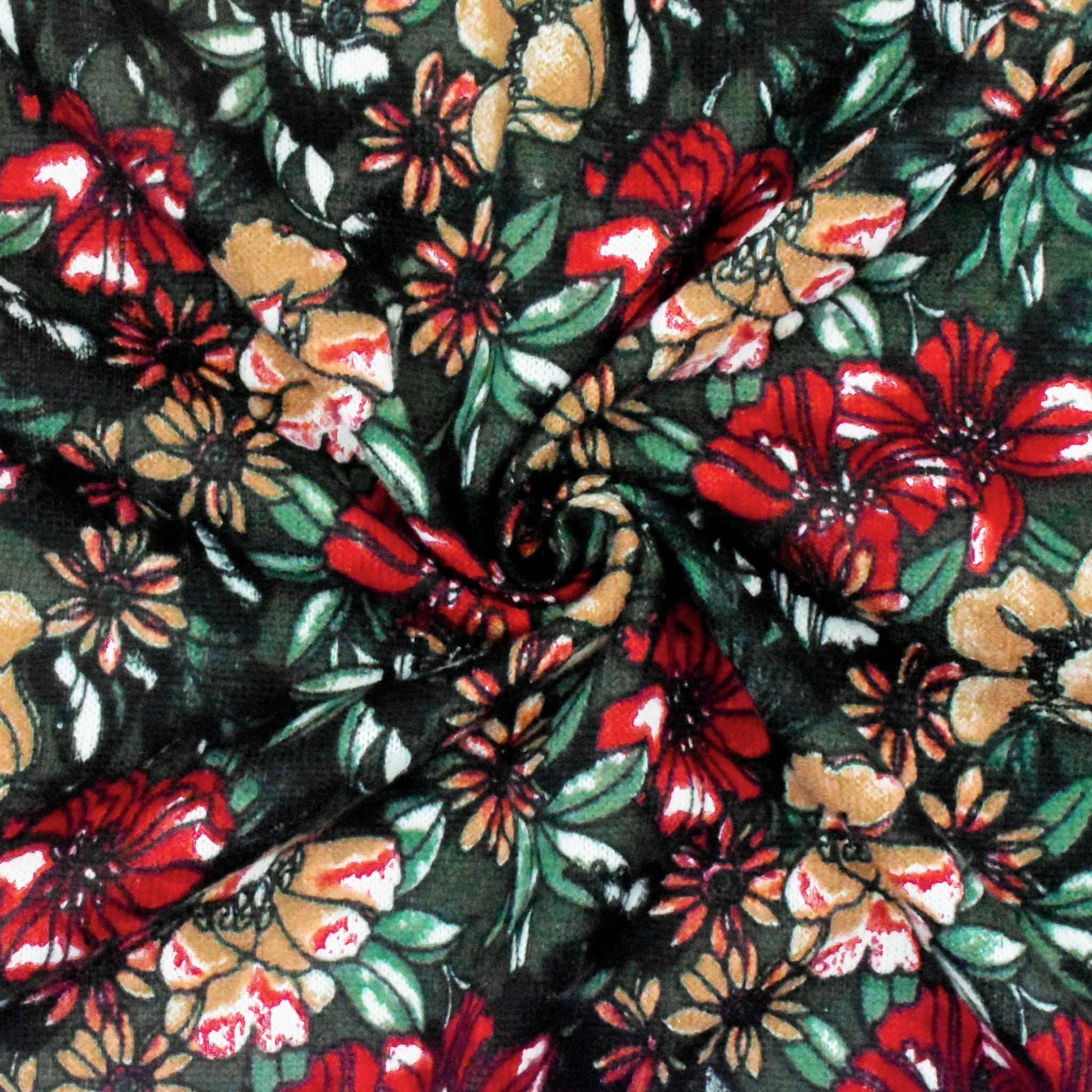 Red-Deep Green-Multi Floral Printed Textured Jersey Knit Fabric