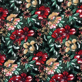 Red-Deep Green-Multi Floral Printed Textured Jersey Knit Fabric