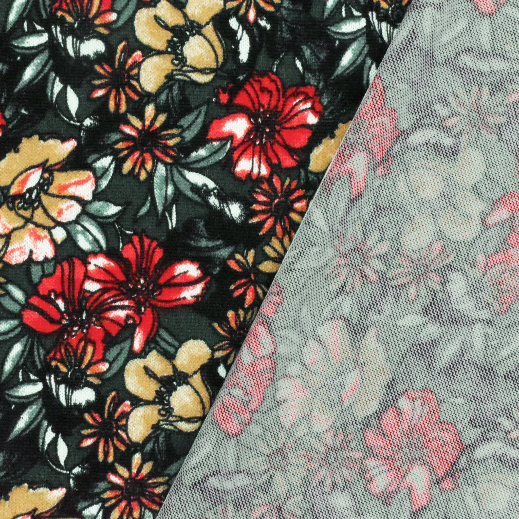 Red-Deep Green-Multi Floral Printed Textured Jersey Knit Fabric