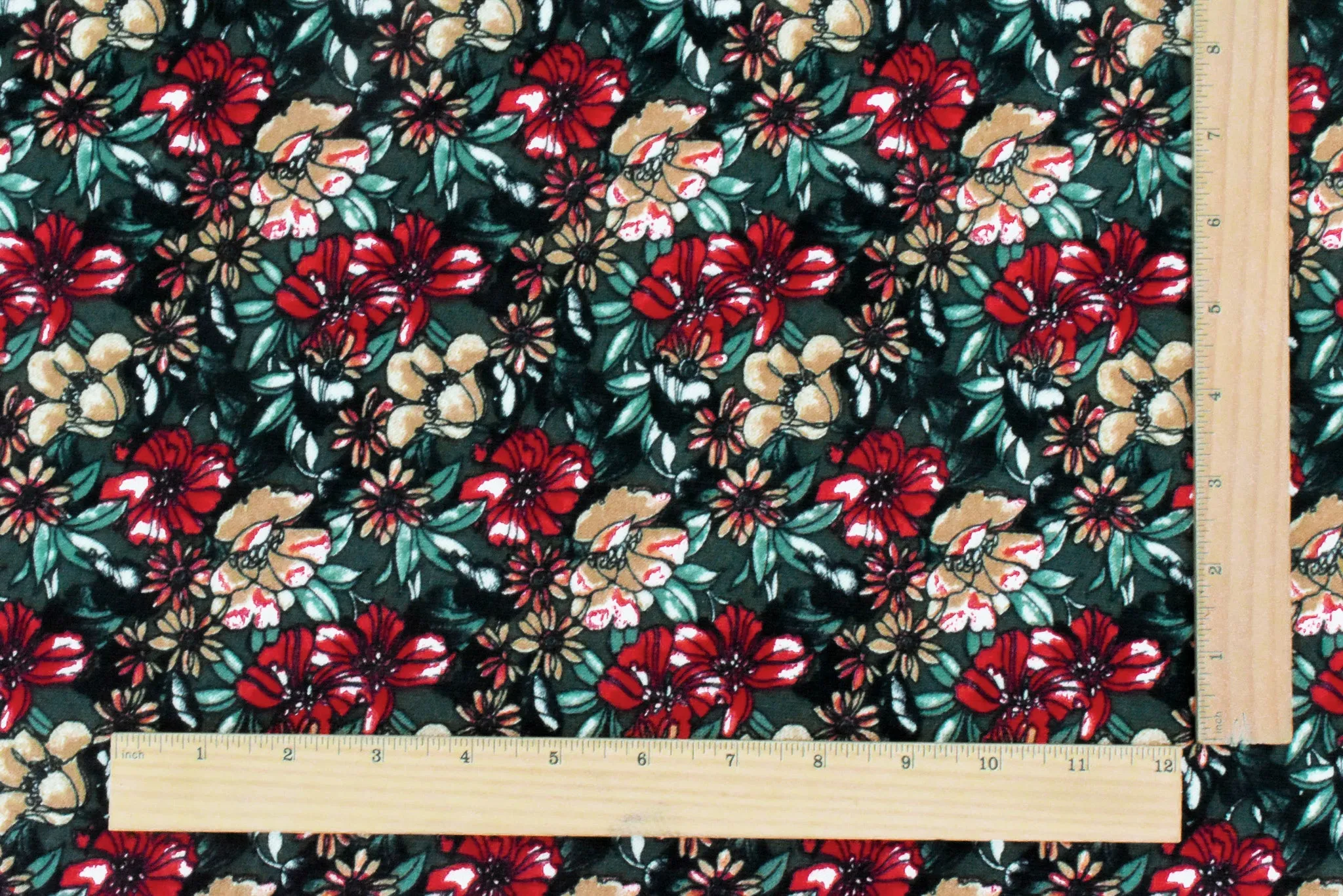 Red-Deep Green-Multi Floral Printed Textured Jersey Knit Fabric