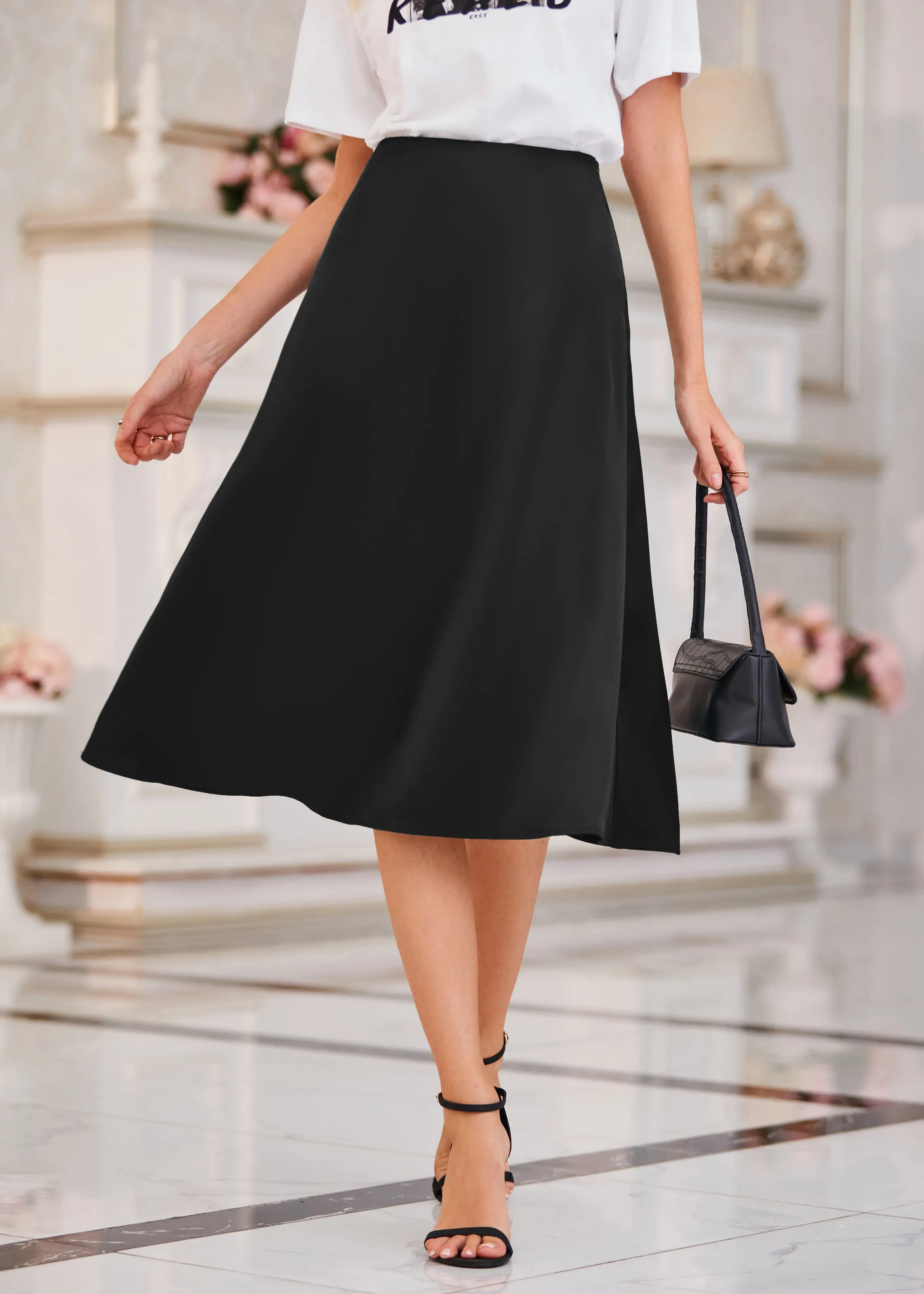 Satin Skirts for Women 2023 Elastic High Waisted Long A-Line Flared Elegant Slip Silk Midi Skirts