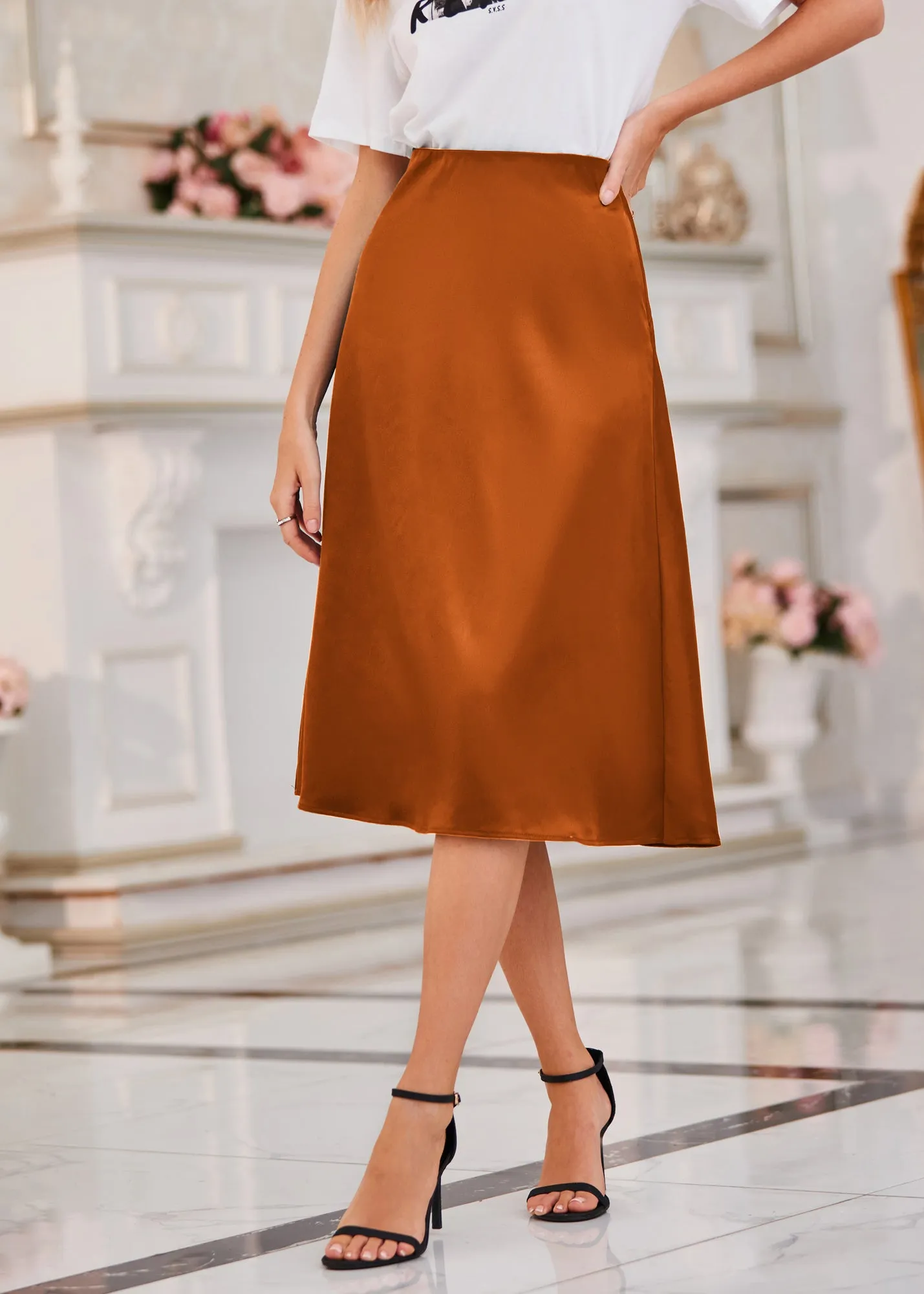 Satin Skirts for Women 2023 Elastic High Waisted Long A-Line Flared Elegant Slip Silk Midi Skirts