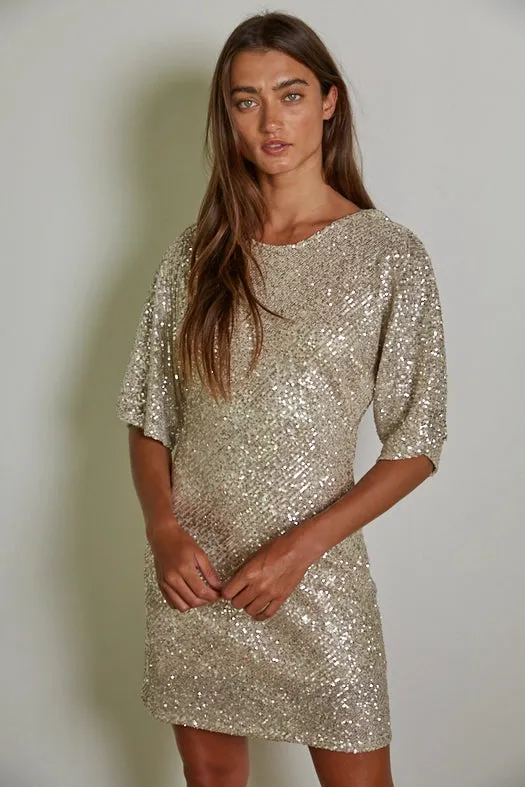 Sequin Cowl Back Open Short Sleeve Mini Dress