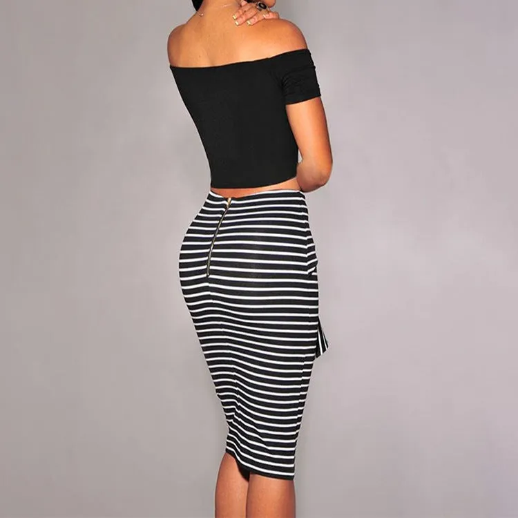 Summer Sexy Slim Look Fitted Pencil Women Striped Knee Lace White Black Skirt