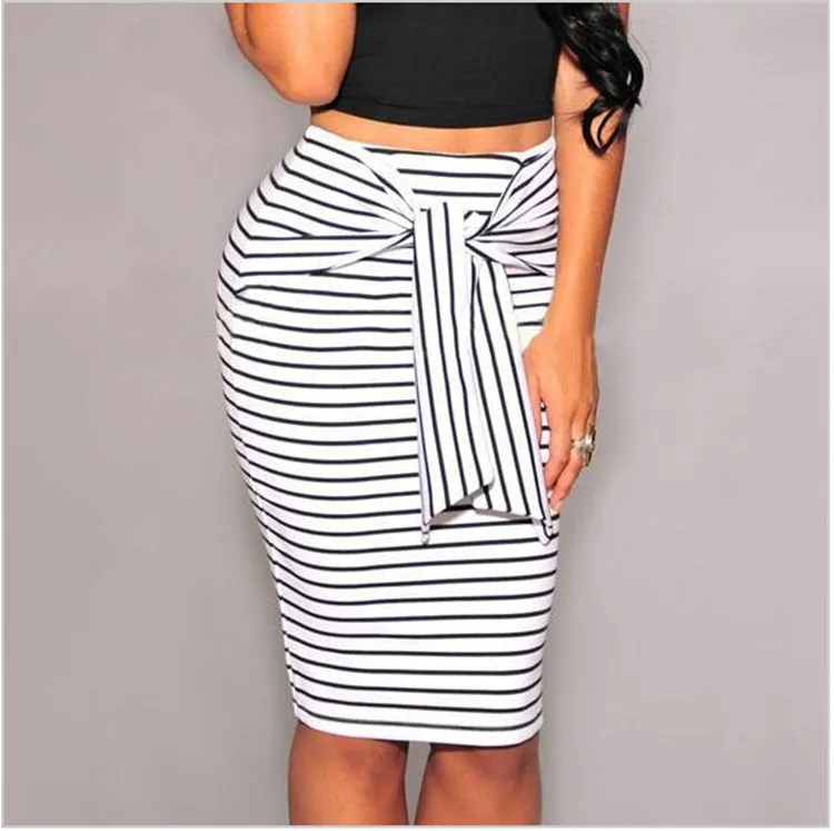 Summer Sexy Slim Look Fitted Pencil Women Striped Knee Lace White Black Skirt