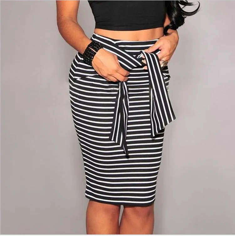 Summer Sexy Slim Look Fitted Pencil Women Striped Knee Lace White Black Skirt