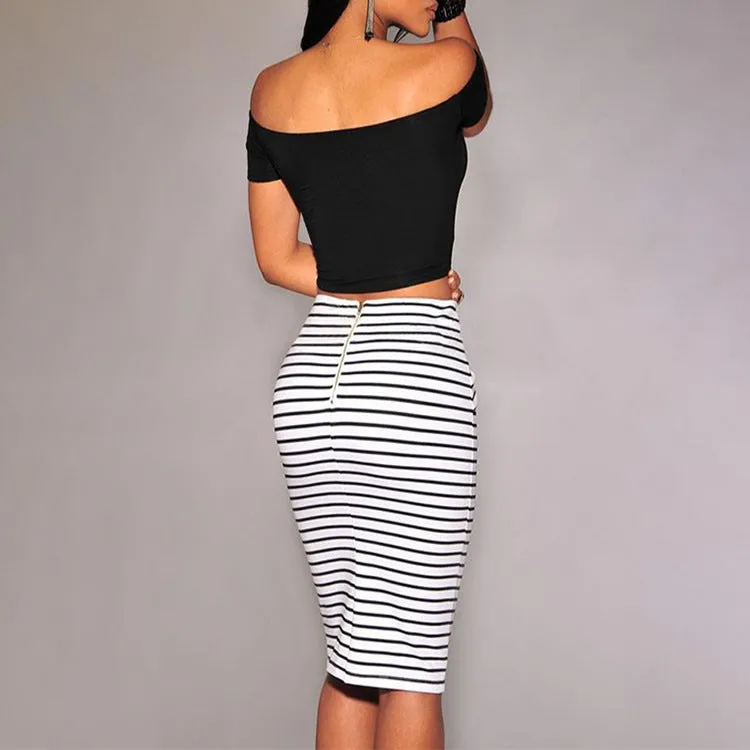 Summer Sexy Slim Look Fitted Pencil Women Striped Knee Lace White Black Skirt