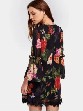 TastyHottie - Print V Neck Flare Sleeve Flower Shift Dress