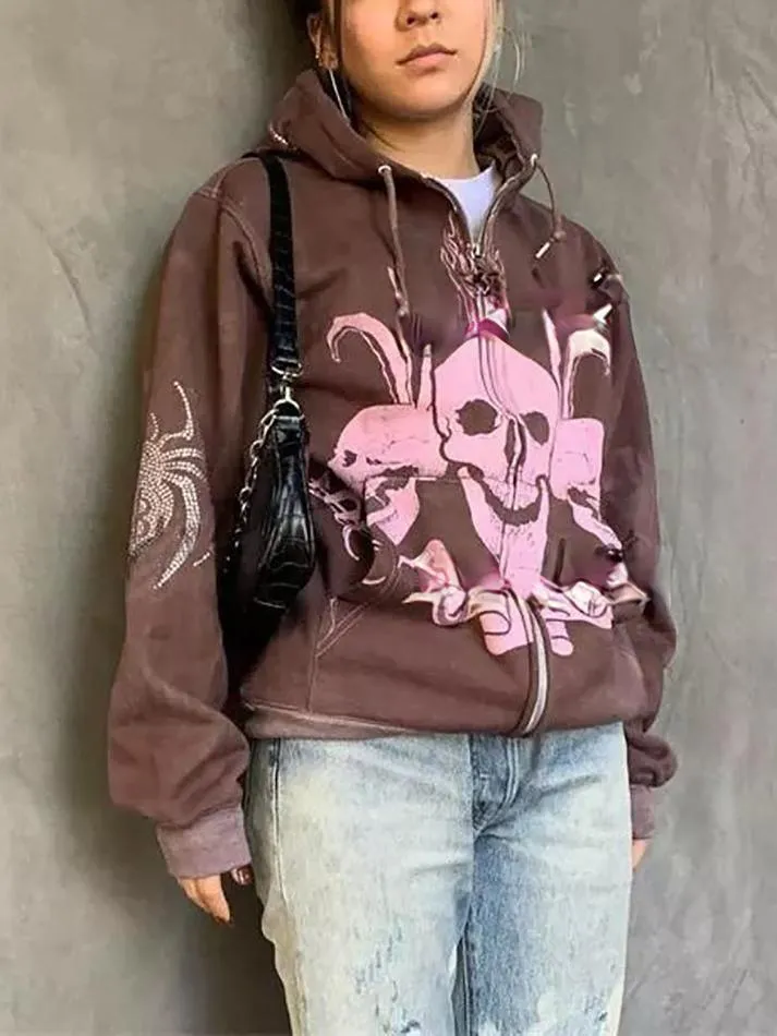 Wenkouban-Spring Casual Outfits Y2K Outfits Skeleton Graphic Zip-Up Oversized Hoodie