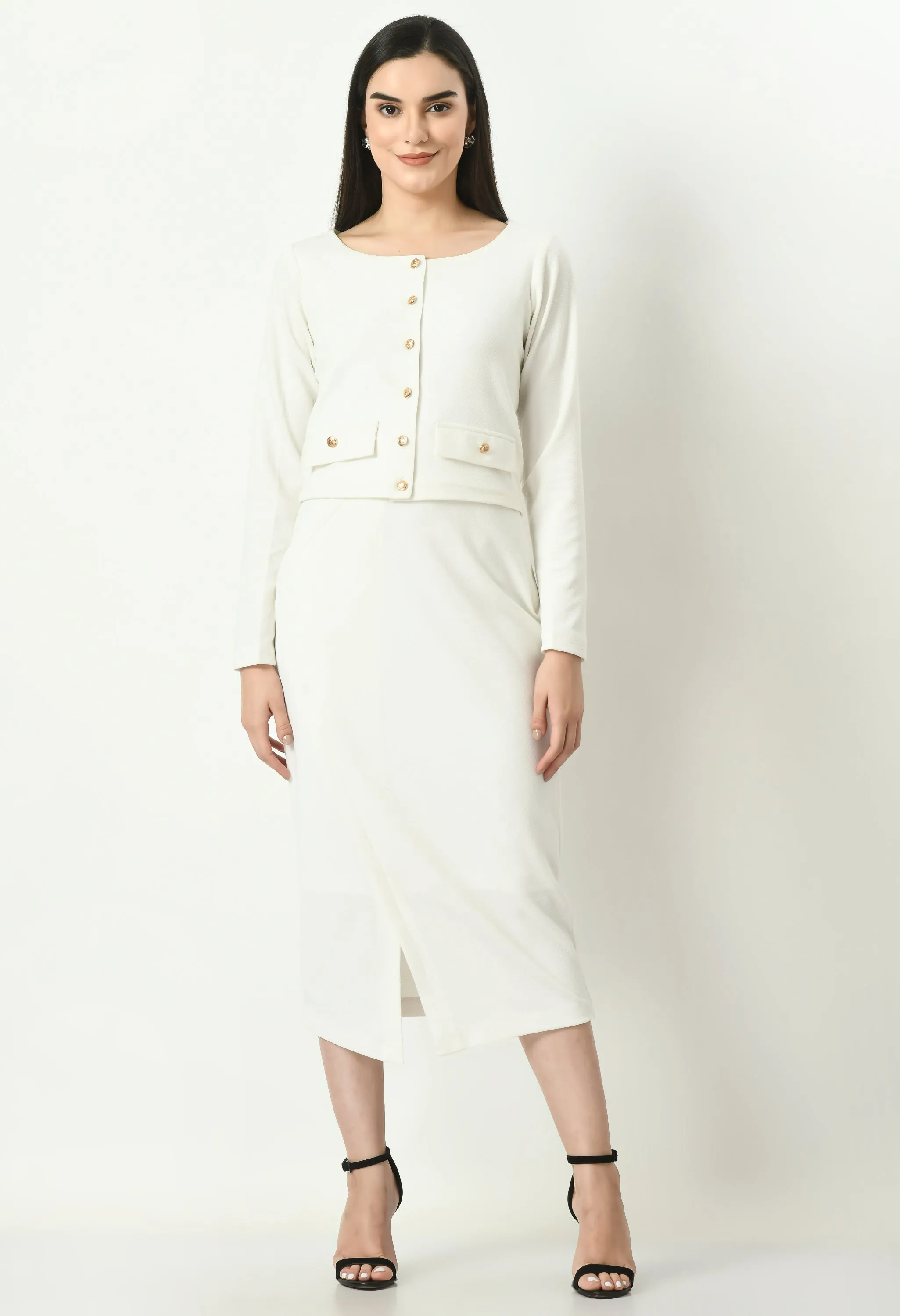 White Euphoria Pencil Midi Skirtwith Front Slit