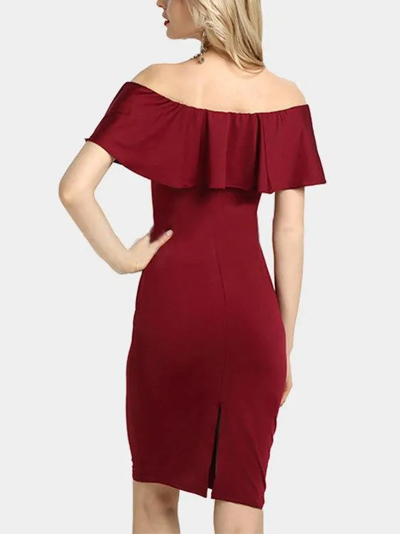 Wholesale Burgundy Off The Shoulder Short Sleeve Wave Slit Dresses