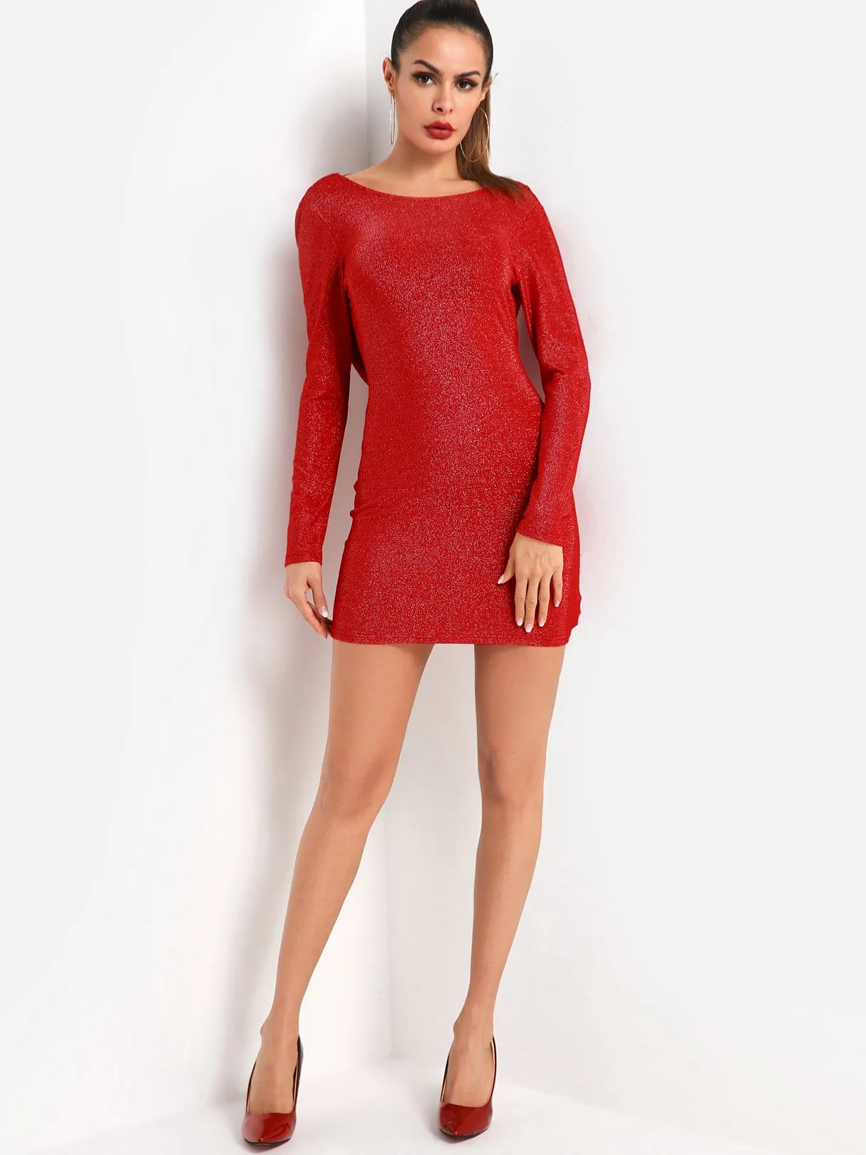 Wholesale Red Round Neck Long Sleeve Backless Sequins Embellished Bodycon Dresses