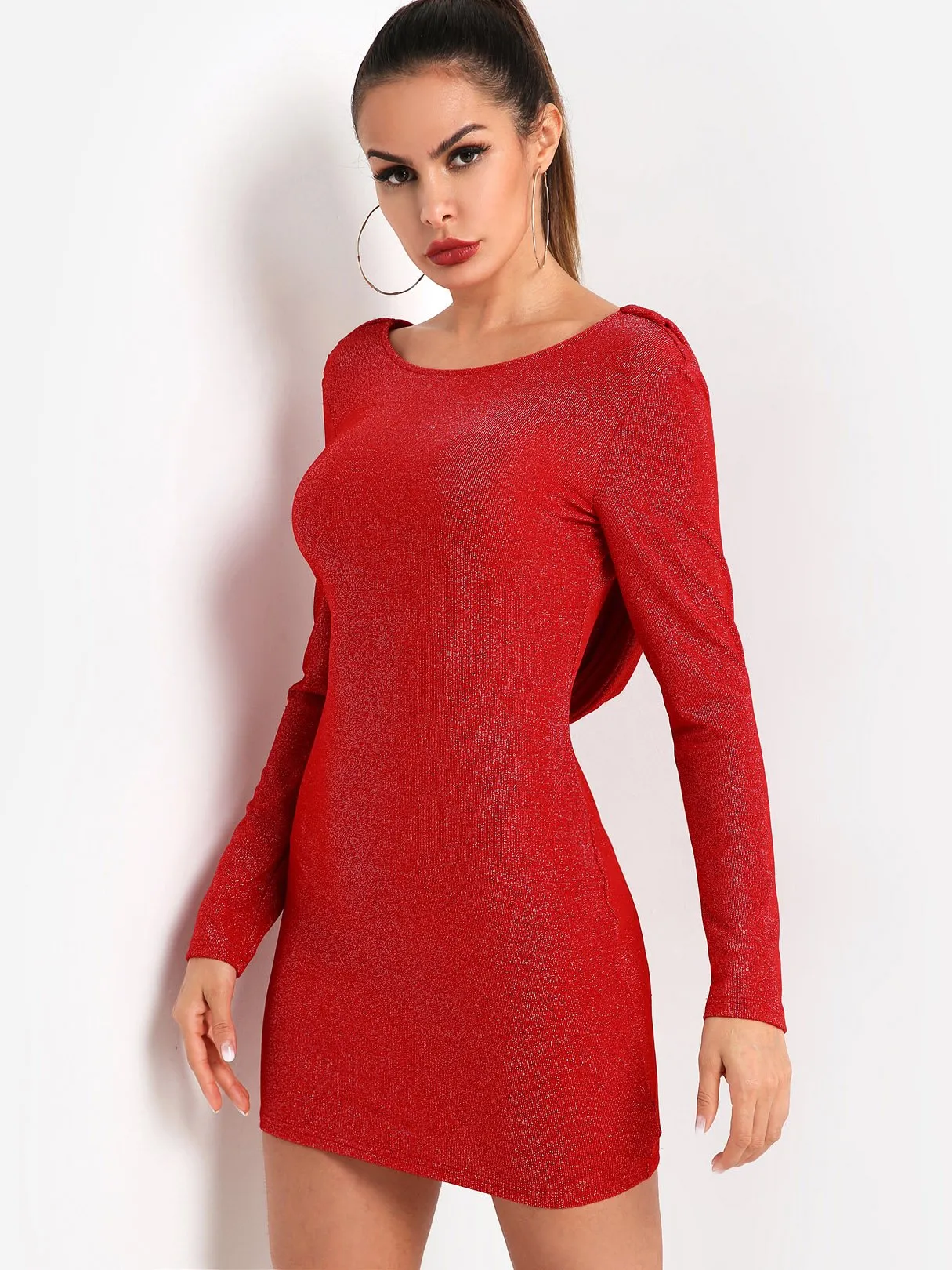 Wholesale Red Round Neck Long Sleeve Backless Sequins Embellished Bodycon Dresses