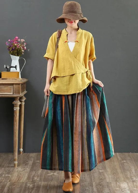 Women Striped A Line Retro Print Skirts Linen