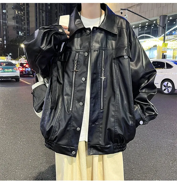 XINGX Zipper Parka PU Leather Jacket Men's High Street Hip Hop Street Locomotive Style Loose Lapels Casual Leather Coat