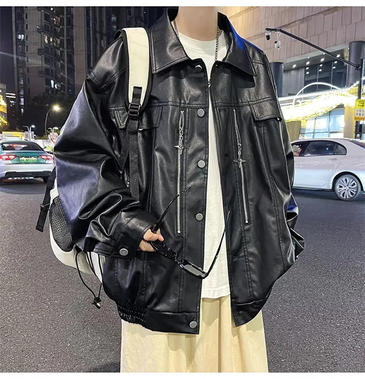 XINGX Zipper Parka PU Leather Jacket Men's High Street Hip Hop Street Locomotive Style Loose Lapels Casual Leather Coat