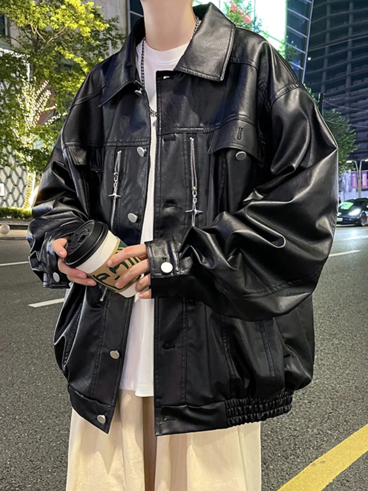 XINGX Zipper Parka PU Leather Jacket Men's High Street Hip Hop Street Locomotive Style Loose Lapels Casual Leather Coat