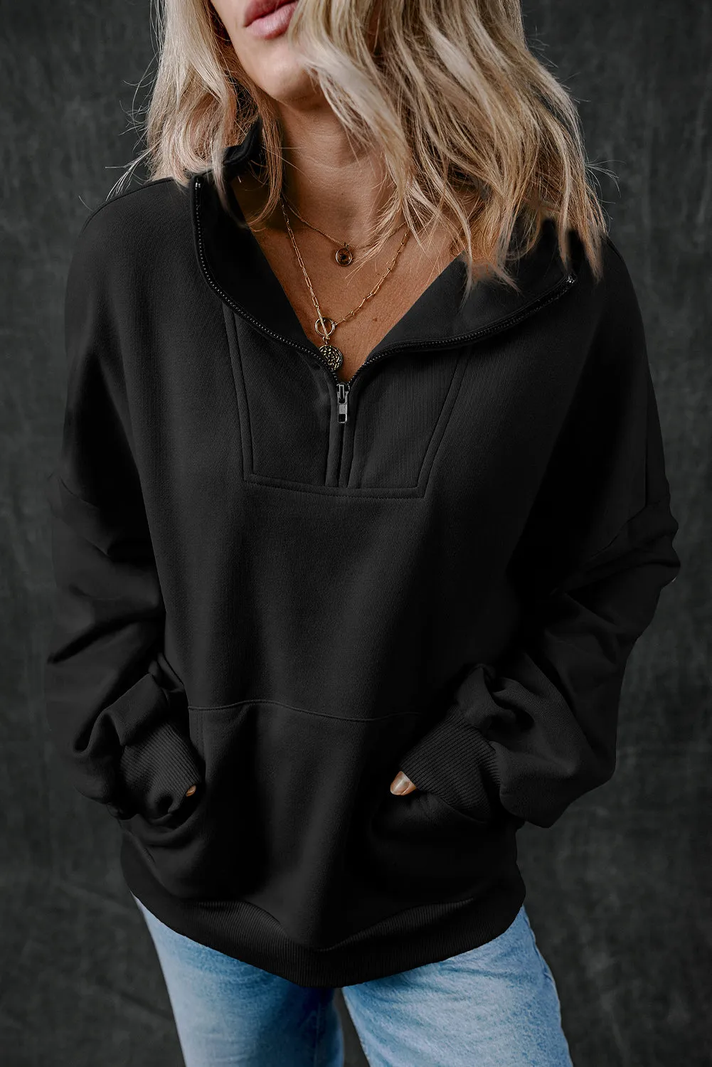 Zip-up Stand Neck Kangaroo Sweatshirt